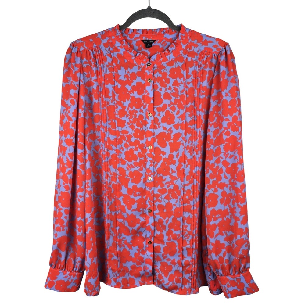 Ann Taylor Red and Lavender Floral Button-Up Blouse